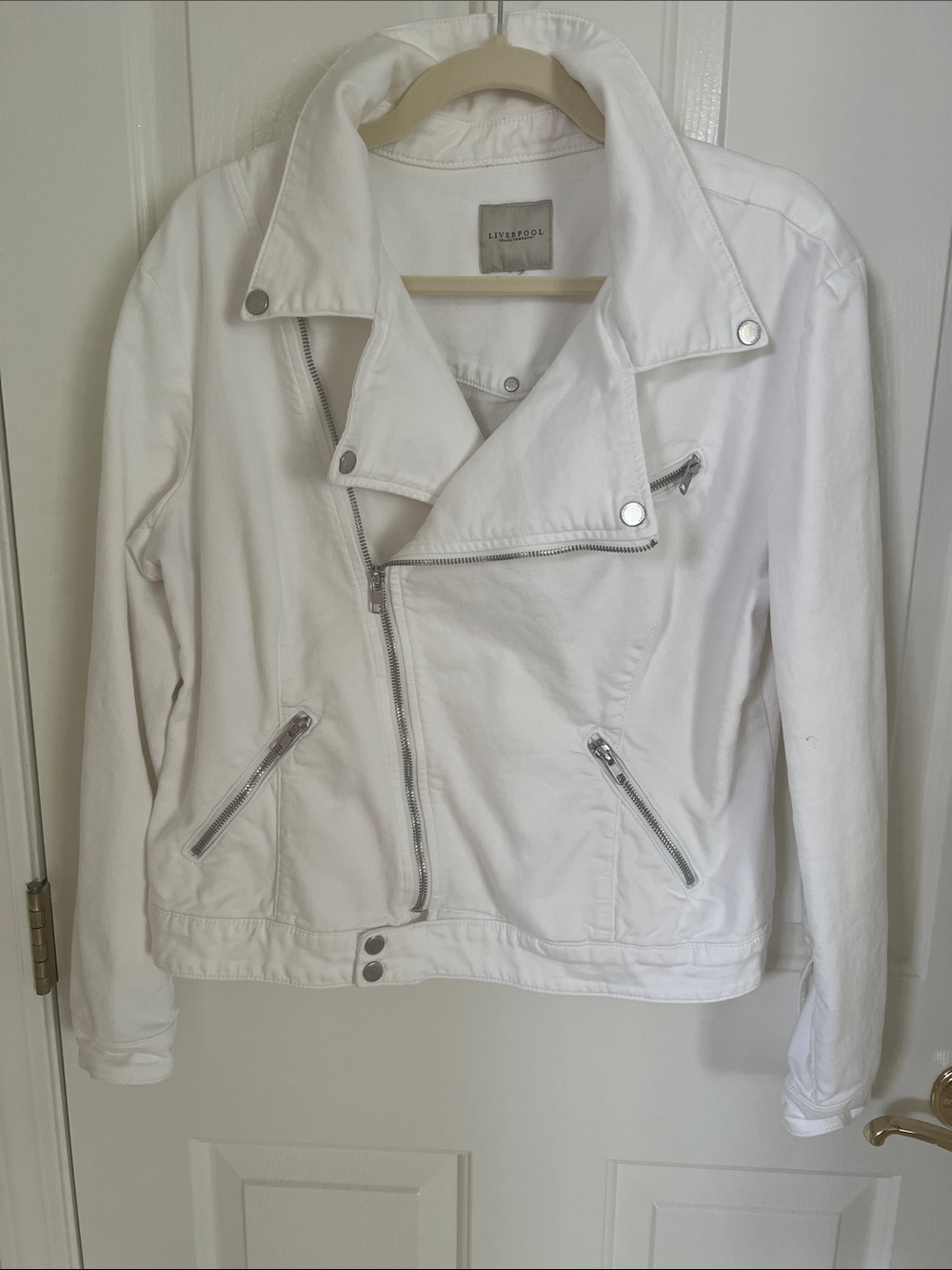 Liverpool White Denim Asymmetrical Zip Moto Jacket
